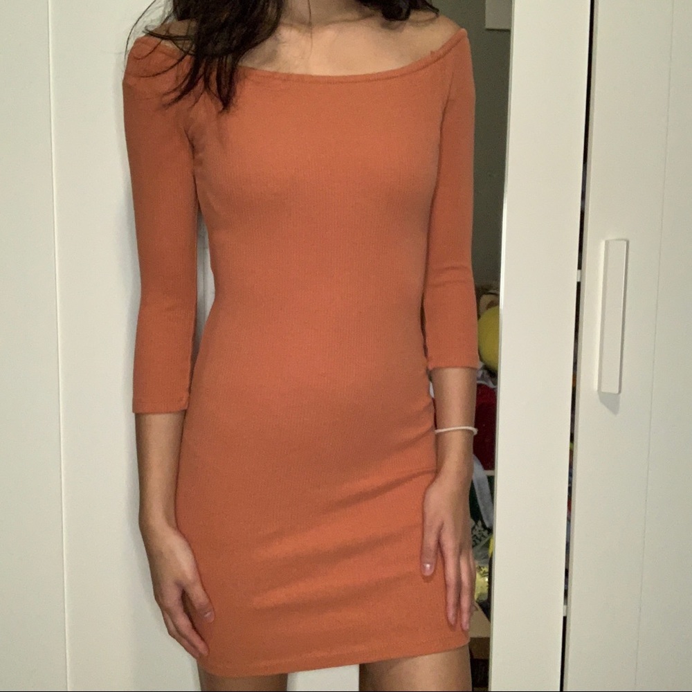 Coral 3/4 Sleeve Ribbed Off Shoulder Bodycon Dress